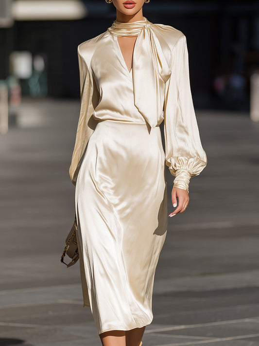 Ivory Satin Scarf-Neck Midi Dress