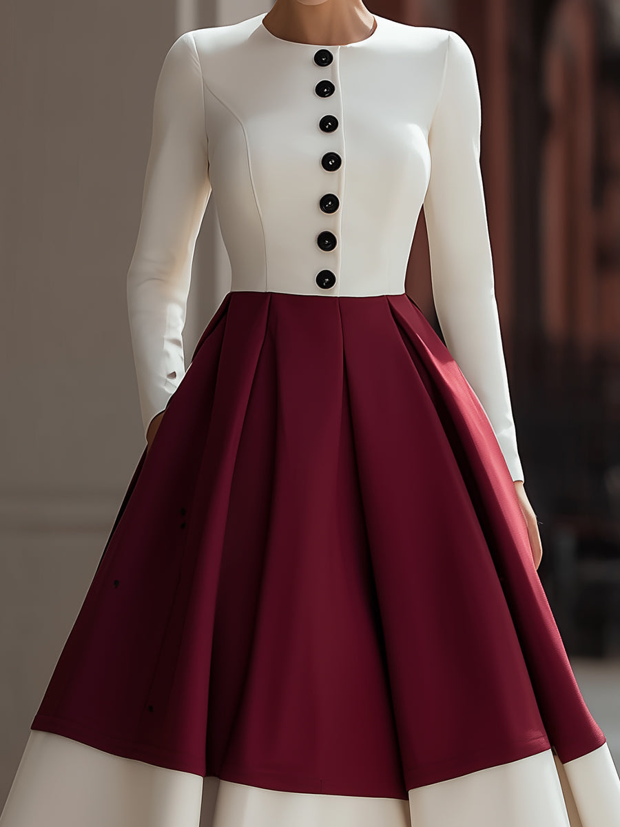Ivory And Burgundy Colorblock Midi Dress With Button Detail