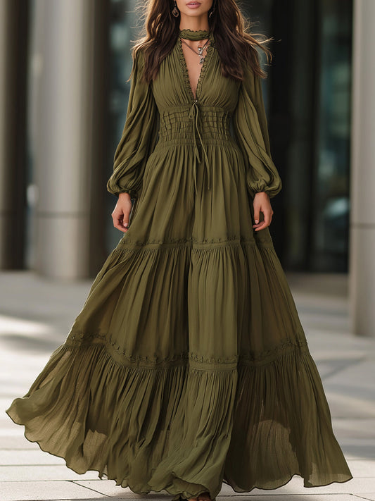 Cotton-Linen Maxi Dress With Shirred Waist And Flowing Tiers