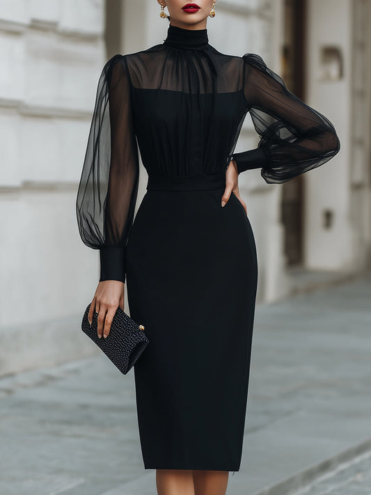 High-Neck Sheer Sleeve Tailored Midi Dress