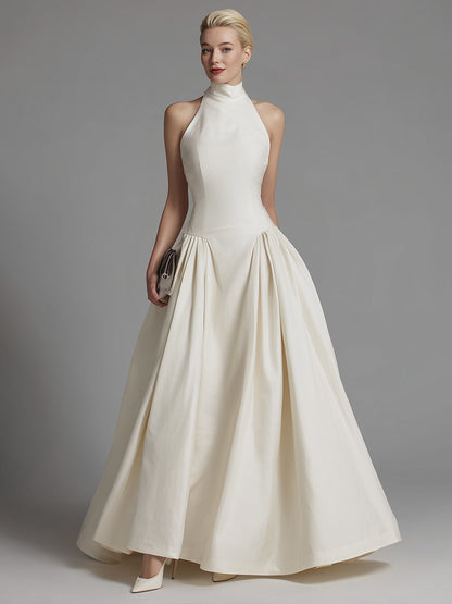 Halter Neck Fit-and-Flare Maxi Dress With Structured Pleated Skirt