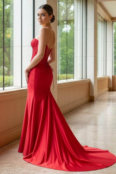 Mermaid Scoop Neck Hot Fix Satin Prom Dress with Slit
