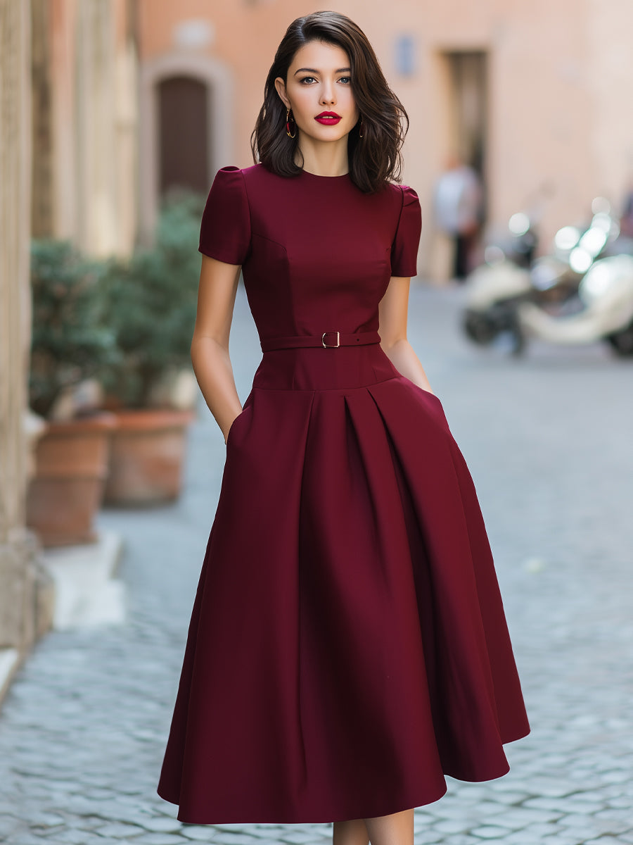 Elegant Belted Low-waisted Midi Dress With Short Sleeves