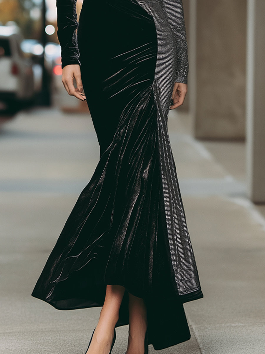 Monochrome Velvet Panel Gown With Asymmetric Design