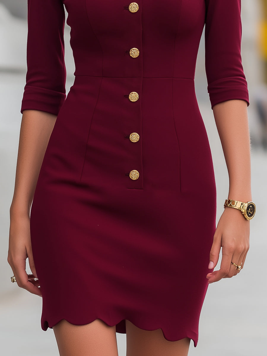 Button-Front Structured Dress With Scalloped Hem