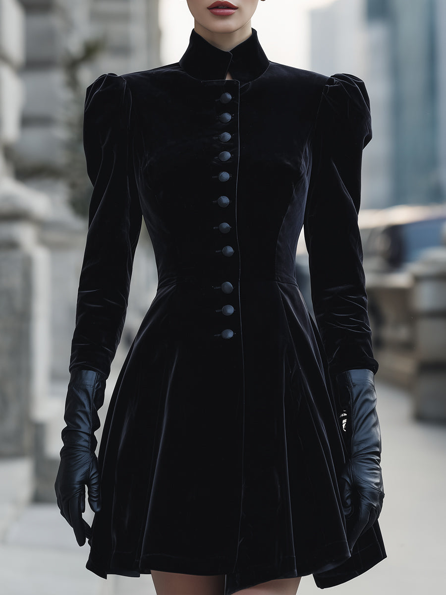 Velvet High-Neck Buttoned Mini Dress