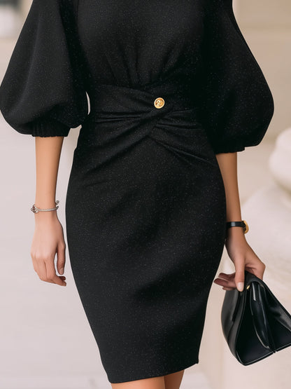 Elegant Sparkle Knit Puff-Sleeve Waist Twist Midi Dress