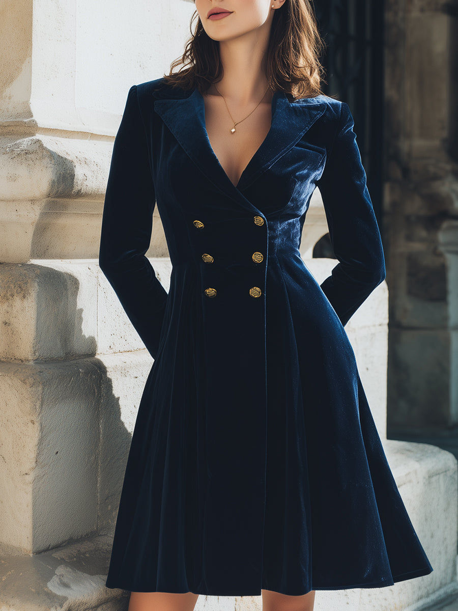Navy Velvet Double-Breasted Blazer Dress