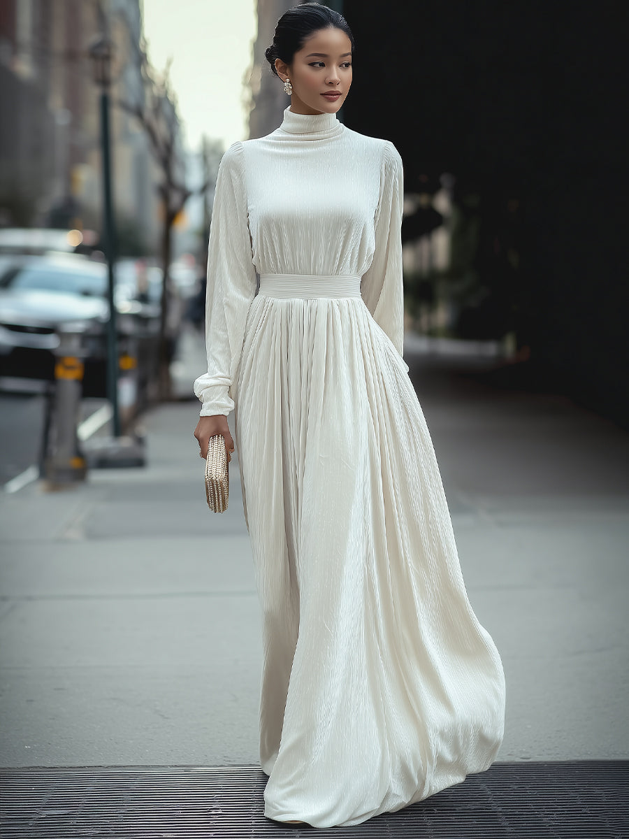 White High-Neck Pleated Maxi Dress
