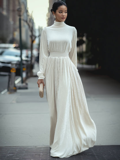 White High-Neck Pleated Maxi Dress