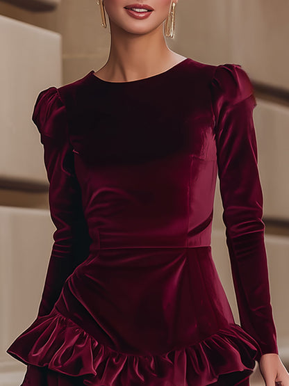 Elegant Burgundy Velvet Ruffle Dress - Perfect For Every Occasion