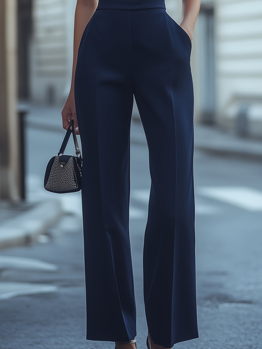 Sophisticated Navy Halter Neck Wide-Leg Jumpsuit