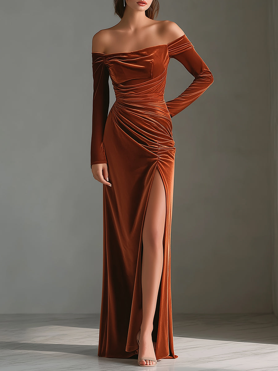 Rust Brown Off-Shoulder Velvet Ruched Gown With High Slit