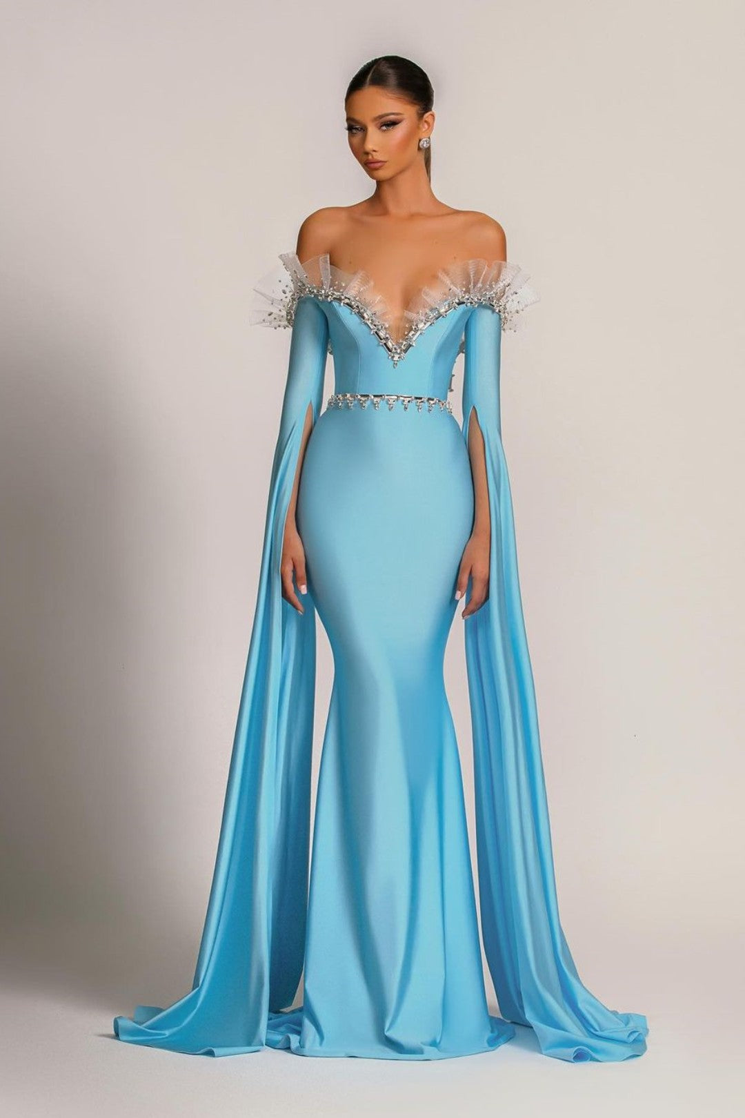 Baby Blue Evening Dress V Neck With Long Sleeves Tulle Beading