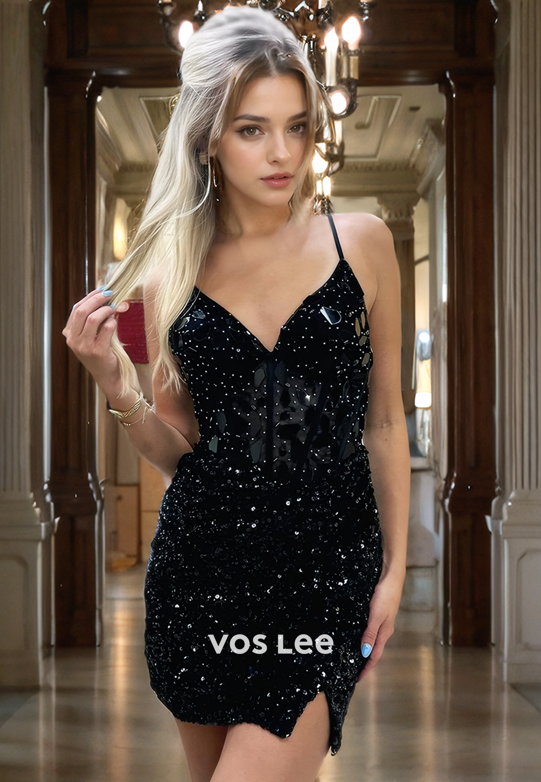 Classy Sparkly Fully Sequin Party Dress V-Neck Spaghetti Homecimng Dress