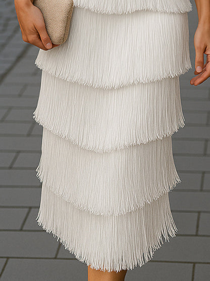 Chic Fringe Tiered Halter Midi Dress For Elegant Evenings Wedding Guest Dresses