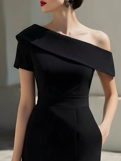 Black Asymmetric Off-Shoulder Structured Midi Dress