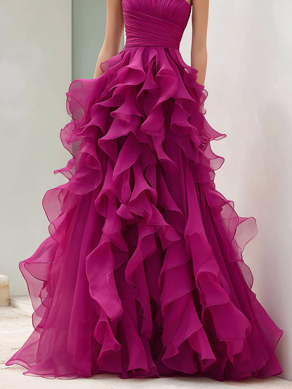 Strapless Magenta Ruffled Organza Ball Gown