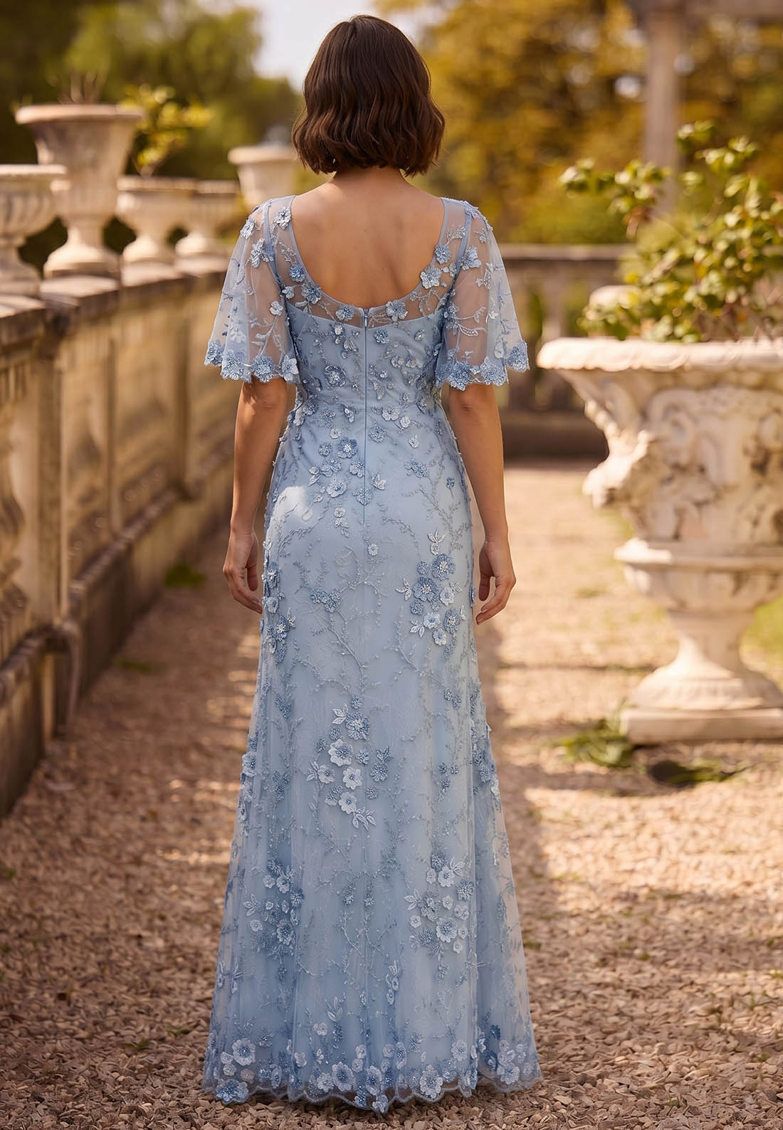 Sky Blue Short Sleeves Scoop Appliques Mother of the Bride Dress