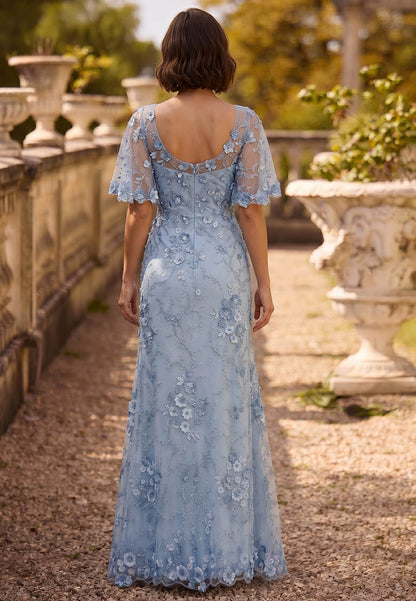 Sky Blue Short Sleeves Scoop Appliques Mother of the Bride Dress