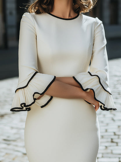Ivory Ruffle-Trim Dress With Black Piping