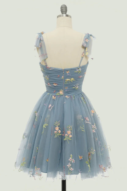 A Line Spaghetti Straps Champagne Short Homecoming Dress with Embroidery