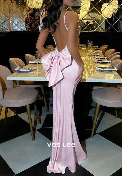 Spaghetti Straps Scoop Bowknot Pleated Floor-Length Mermaid Prom Dresses