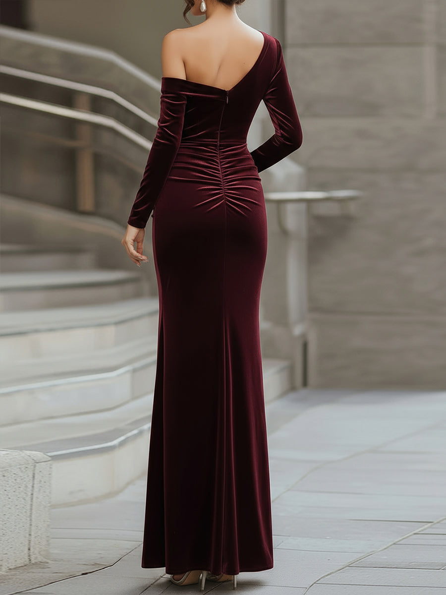Burgundy Velvet One-Shoulder Evening Gown