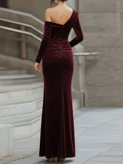 Burgundy Velvet One-Shoulder Evening Gown
