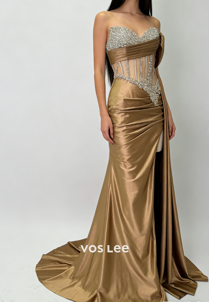 Sweetheart Sleeveless Prom Dress Mermaid Slit With Crystals Corset