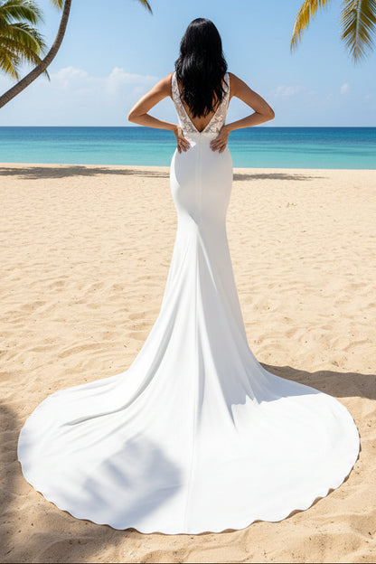 Square Neck Lace Bodice Satin Mermaid Wedding Dress with Open Back