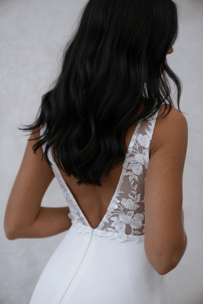 Square Neck Lace Bodice Satin Mermaid Wedding Dress with Open Back