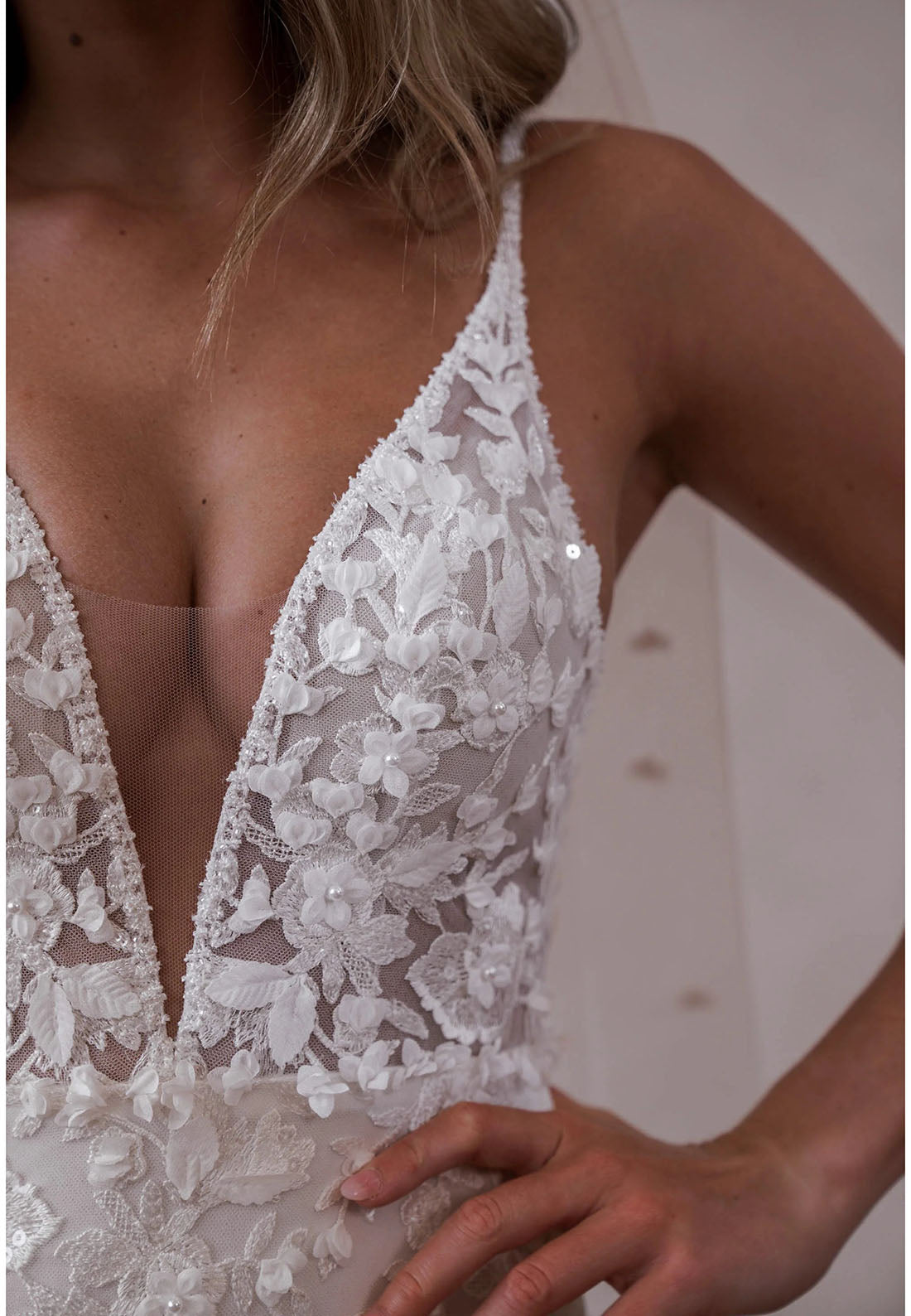 3D Floral Lace Mermaid Wedding Dress | Plunge V-Neck Spaghetti Strap Bridal Gown