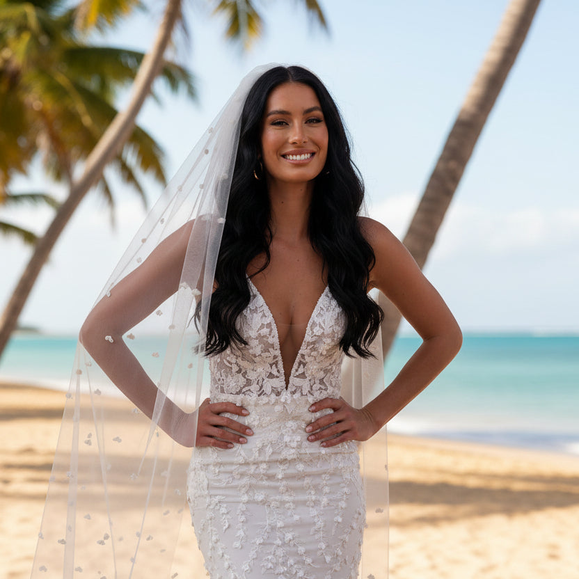 3D Floral Lace Mermaid Wedding Dress | Plunge V-Neck Spaghetti Strap Bridal Gown