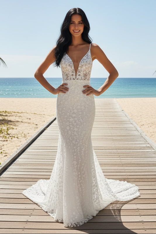 3D Floral Lace Mermaid Wedding Dress | Plunge V-Neck Spaghetti Strap Bridal Gown