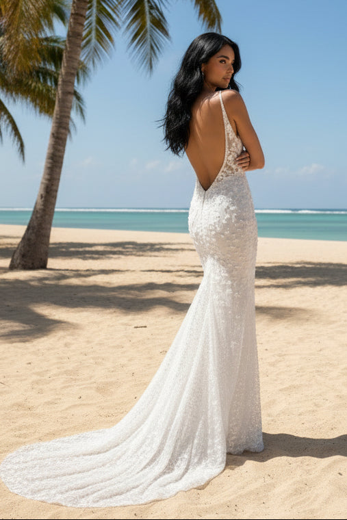 3D Floral Lace Mermaid Wedding Dress | Plunge V-Neck Spaghetti Strap Bridal Gown