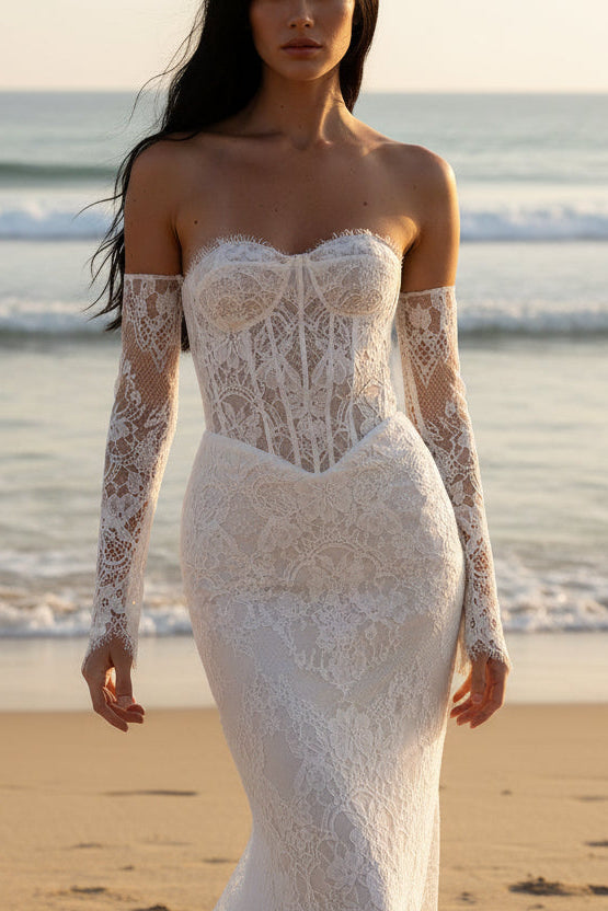 Strapless Sweetheart Lace Corset Mermaid Wedding Dress with Detachable Lace Sleeves