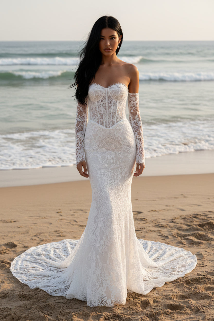 Strapless Sweetheart Lace Corset Mermaid Wedding Dress with Detachable Lace Sleeves