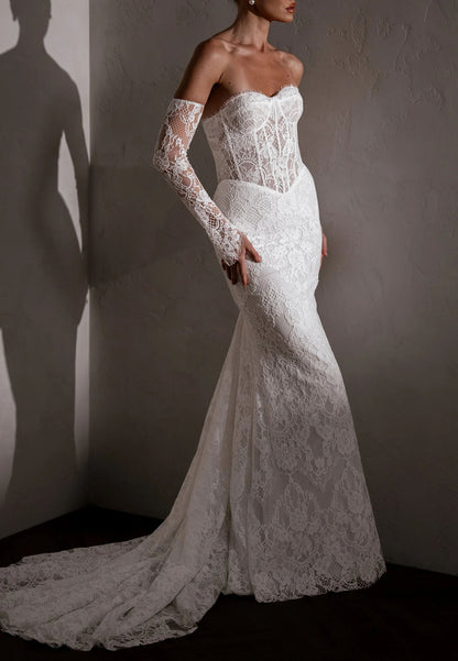 Strapless Sweetheart Lace Corset Mermaid Wedding Dress with Detachable Lace Sleeves