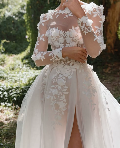 White Long Sleeve A-line Sweet O-neck Flower Lace Wedding Dress Sexy Side Split Tulle