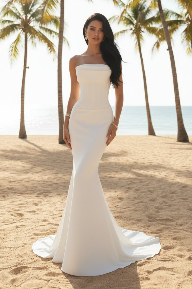 Minimalist Strapless Satin Bridal Gown | Fit-and-Flare Wedding Dress for Modern Brides