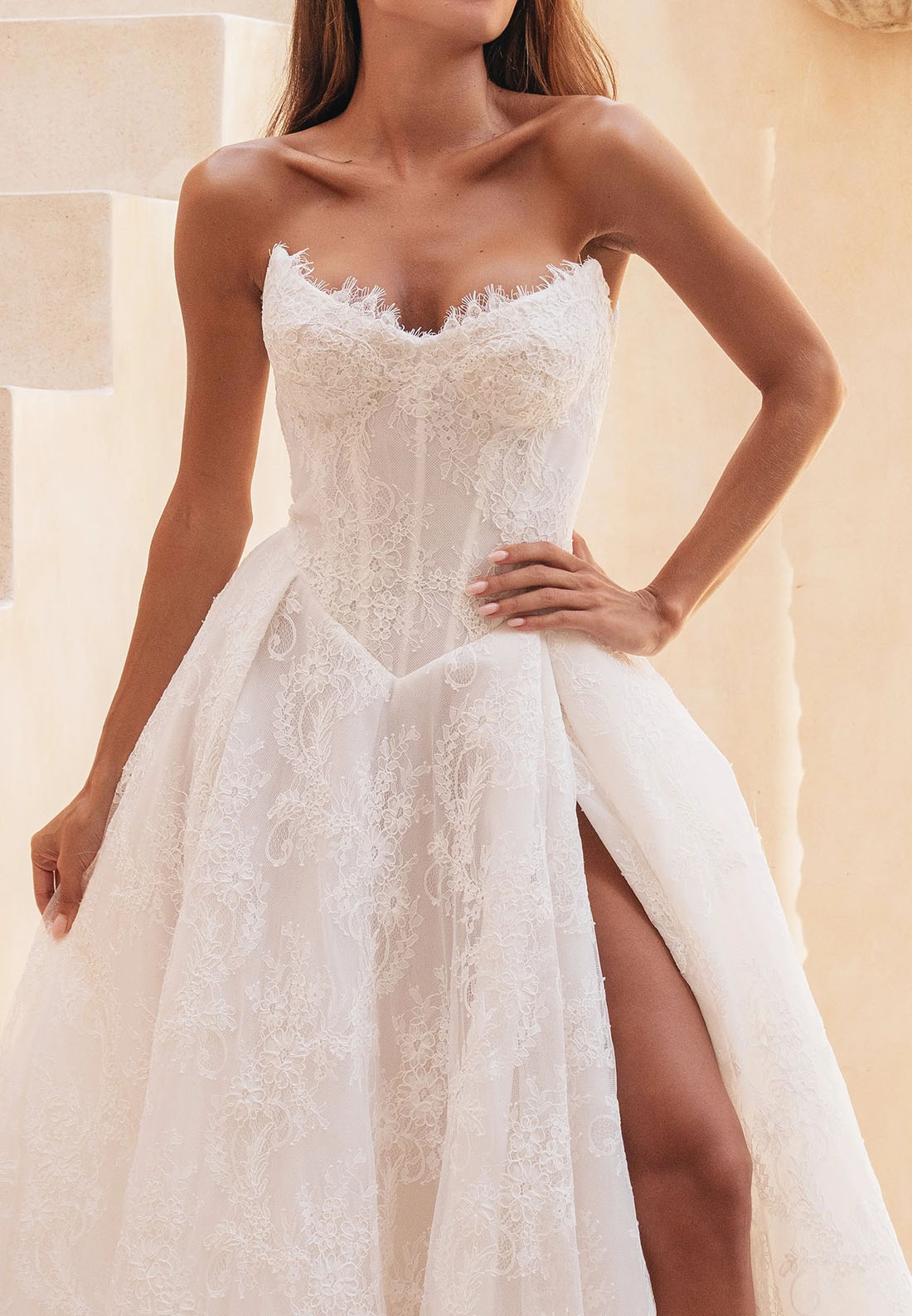 Strapless Sweetheart Lace Ball Gown | High Slit Bridal Gown with Detachable Overskirt