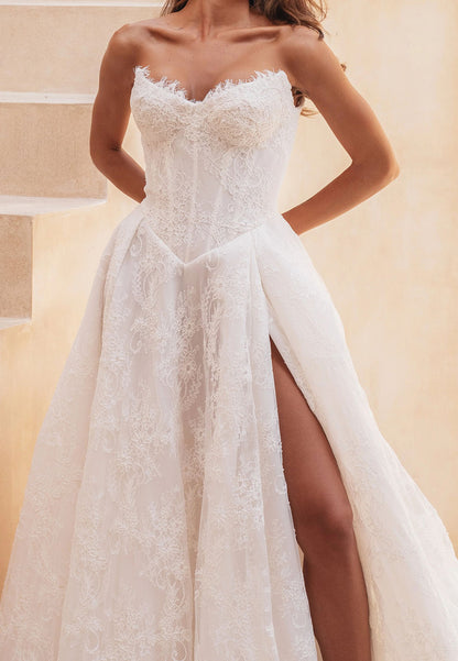 Strapless Sweetheart Lace Ball Gown | High Slit Bridal Gown with Detachable Overskirt