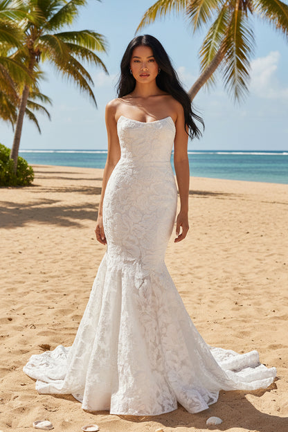Elegant Strapless Fit-and-Flare Bridal Gown | 3D Floral Lace Wedding Dress