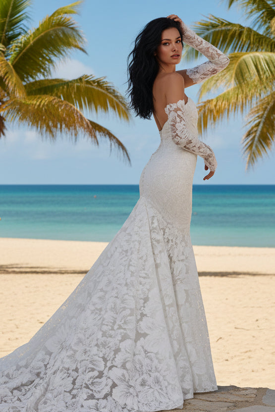 Elegant Strapless Fit-and-Flare Bridal Gown | 3D Floral Lace Wedding Dress