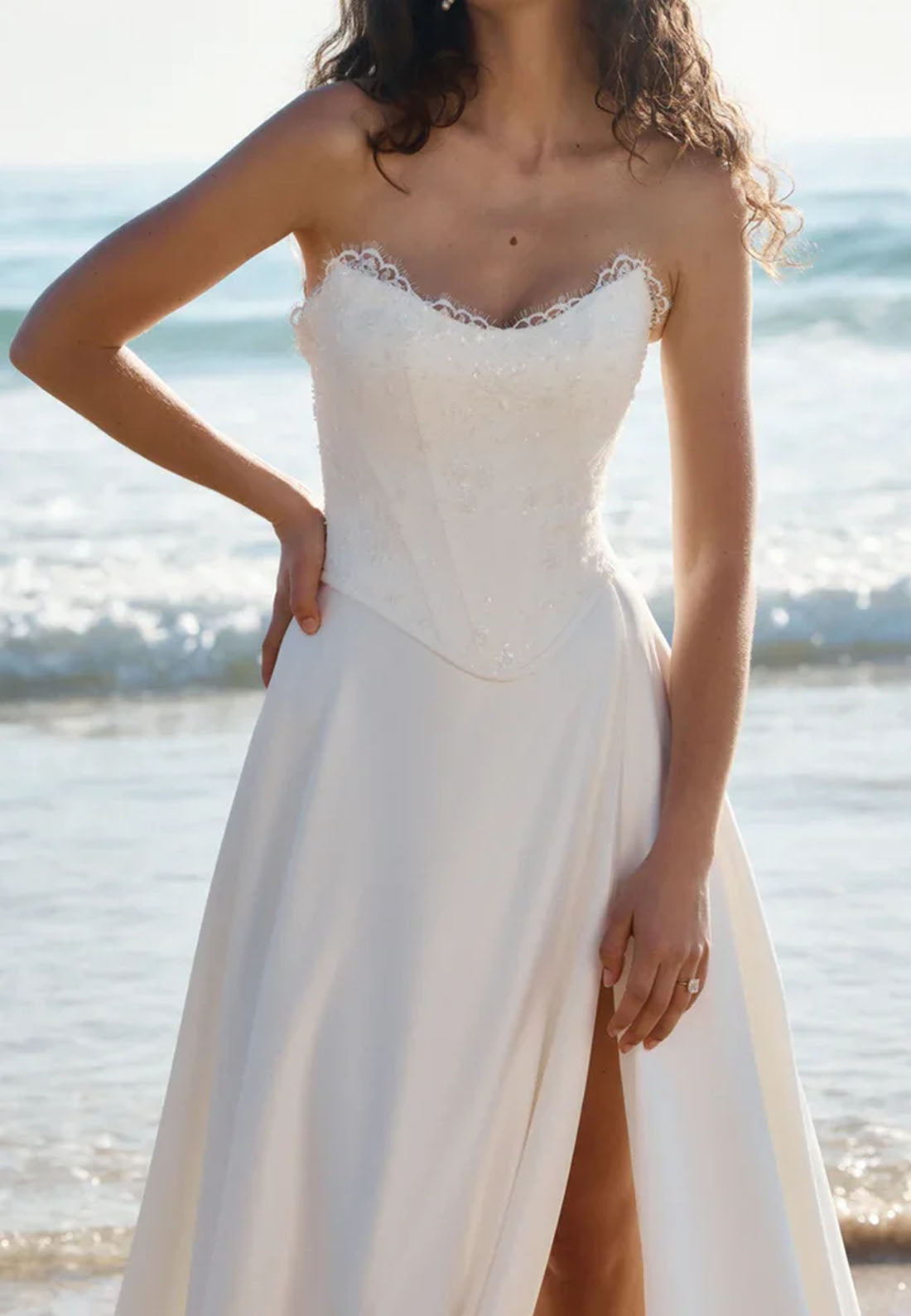 Strapless Lace Corset Bodice Satin A-Line Wedding Dress with Chapel Train