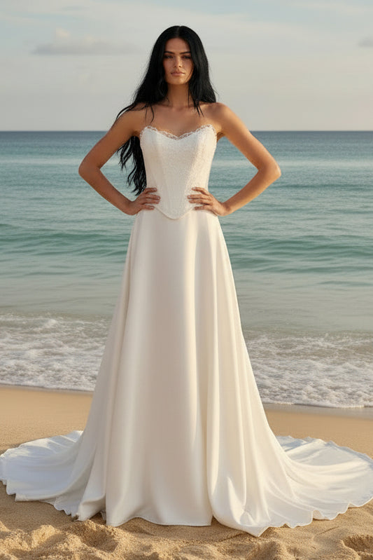 Strapless Lace Corset Bodice Satin A-Line Wedding Dress with Chapel Train