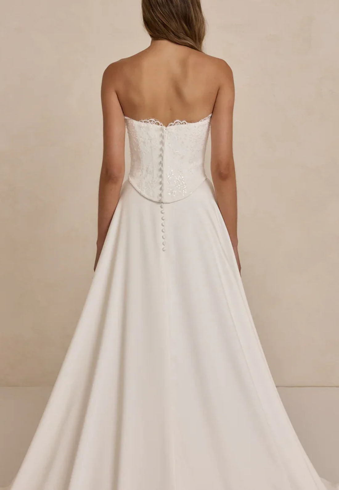 Strapless Lace Corset Bodice Satin A-Line Wedding Dress with Chapel Train