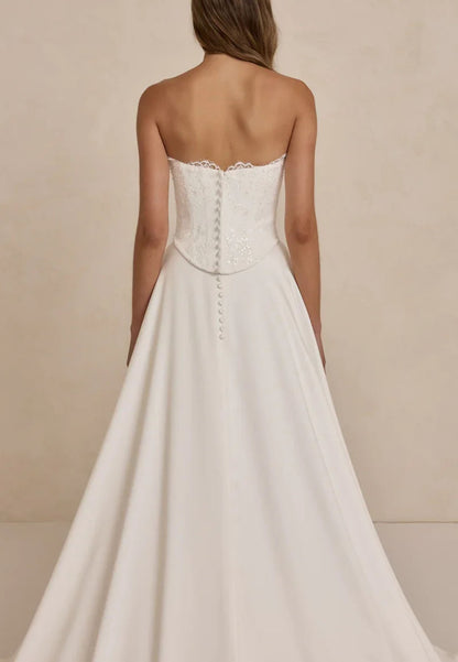 Strapless Lace Corset Bodice Satin A-Line Wedding Dress with Chapel Train