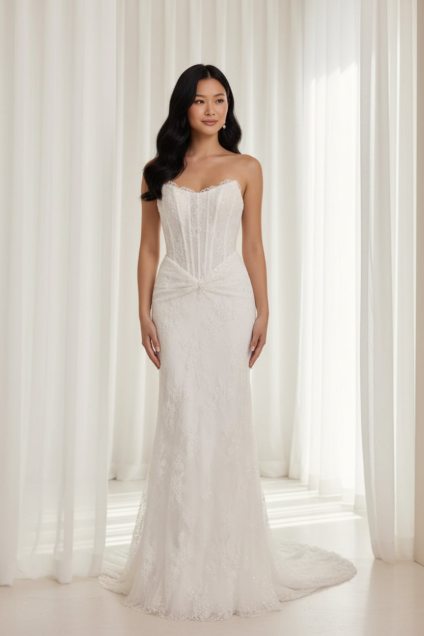 Strapless Sweetheart Neck Lace Corset Mermaid Wedding Dress with Chapel Train